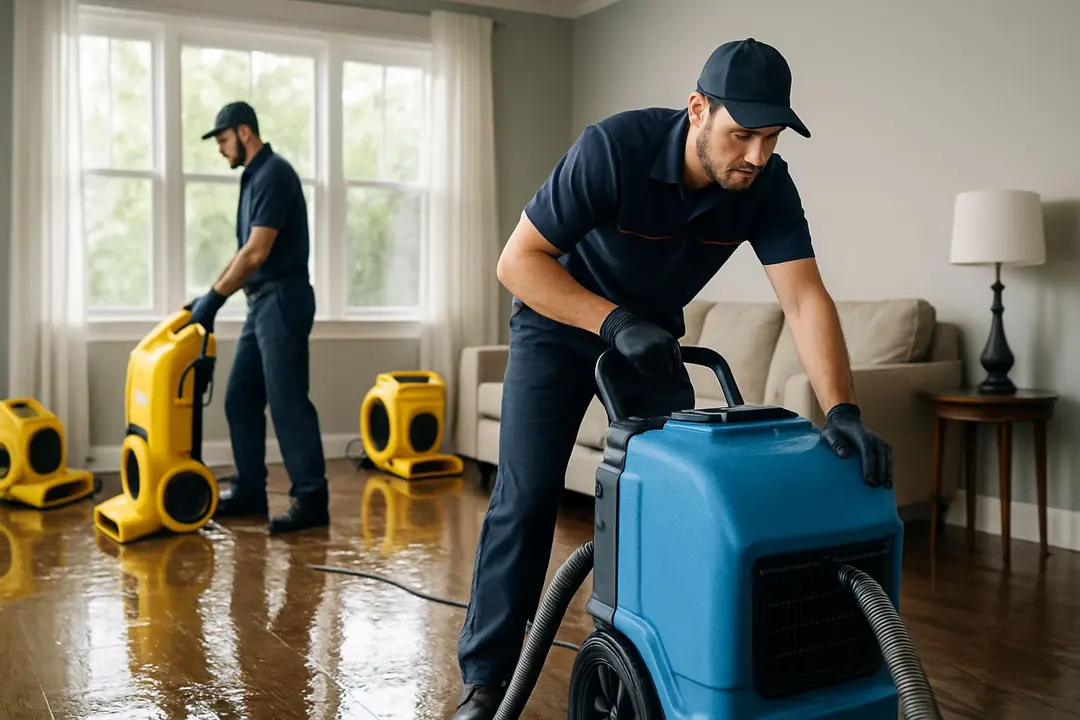 Water damage restoration technician setting up drying equipment in a Dallas-Fort Worth home