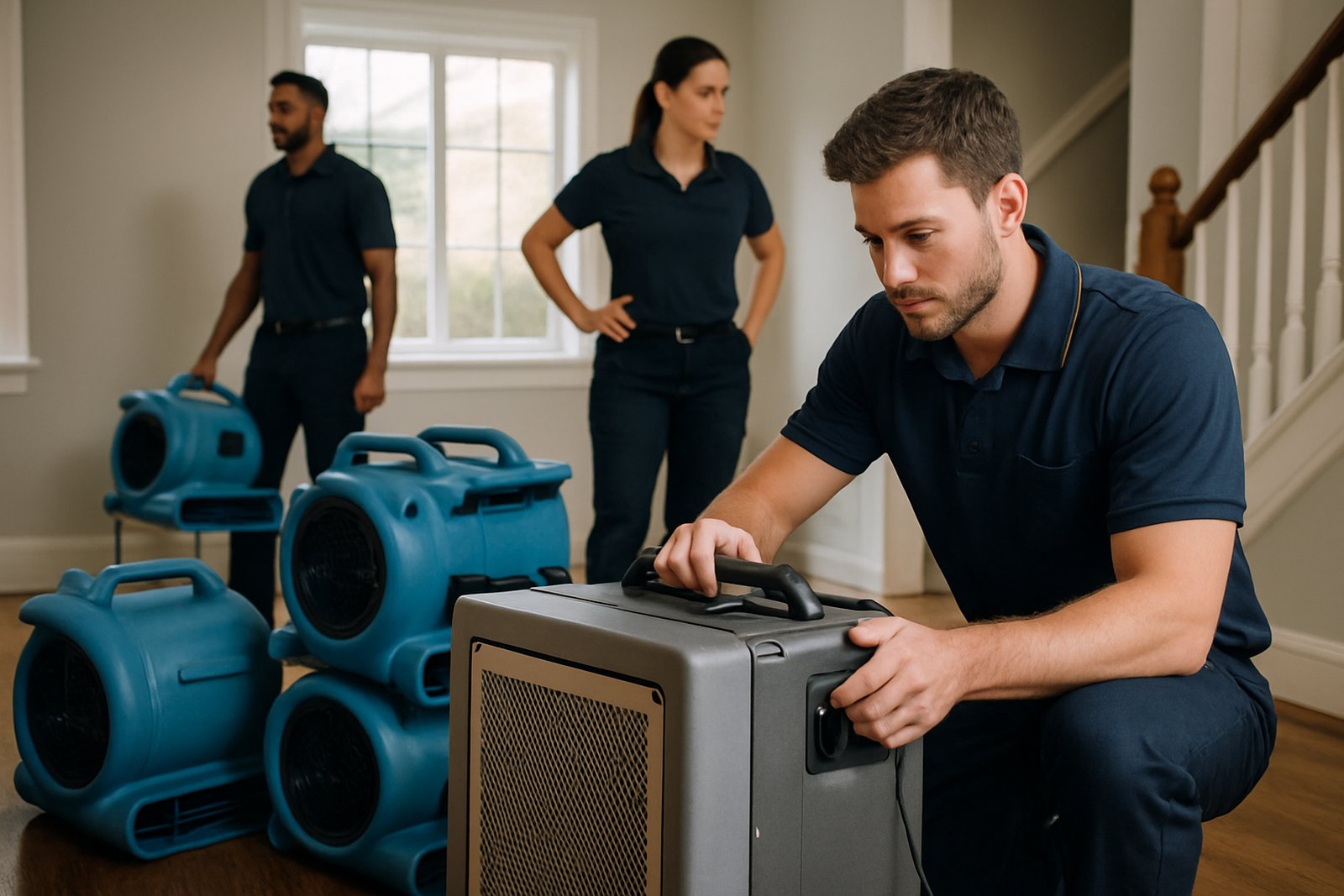 Water damage restoration services team and drying equipment ready in Dallas-Fort Worth