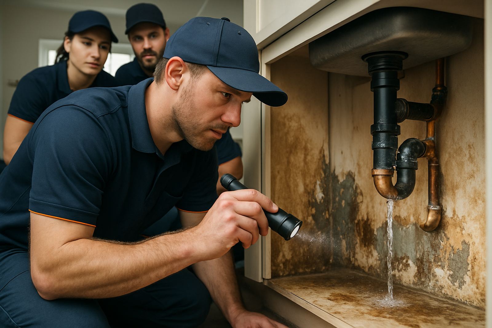 Water damage under a kitchen sink from a burst pipe in a Dallas-Fort Worth home