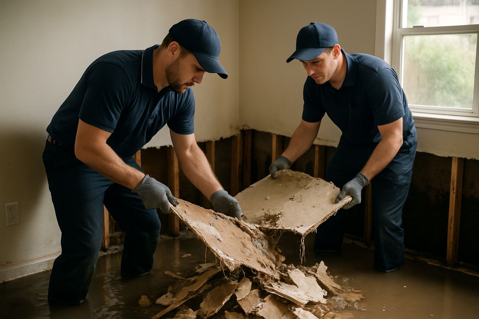 Flood cleanup crew removing water damaged drywall in a Dallas-Fort Worth house