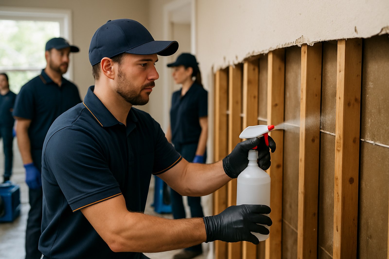 Technician applying antimicrobial treatment for mold prevention after water damage in Dallas-Fort Worth