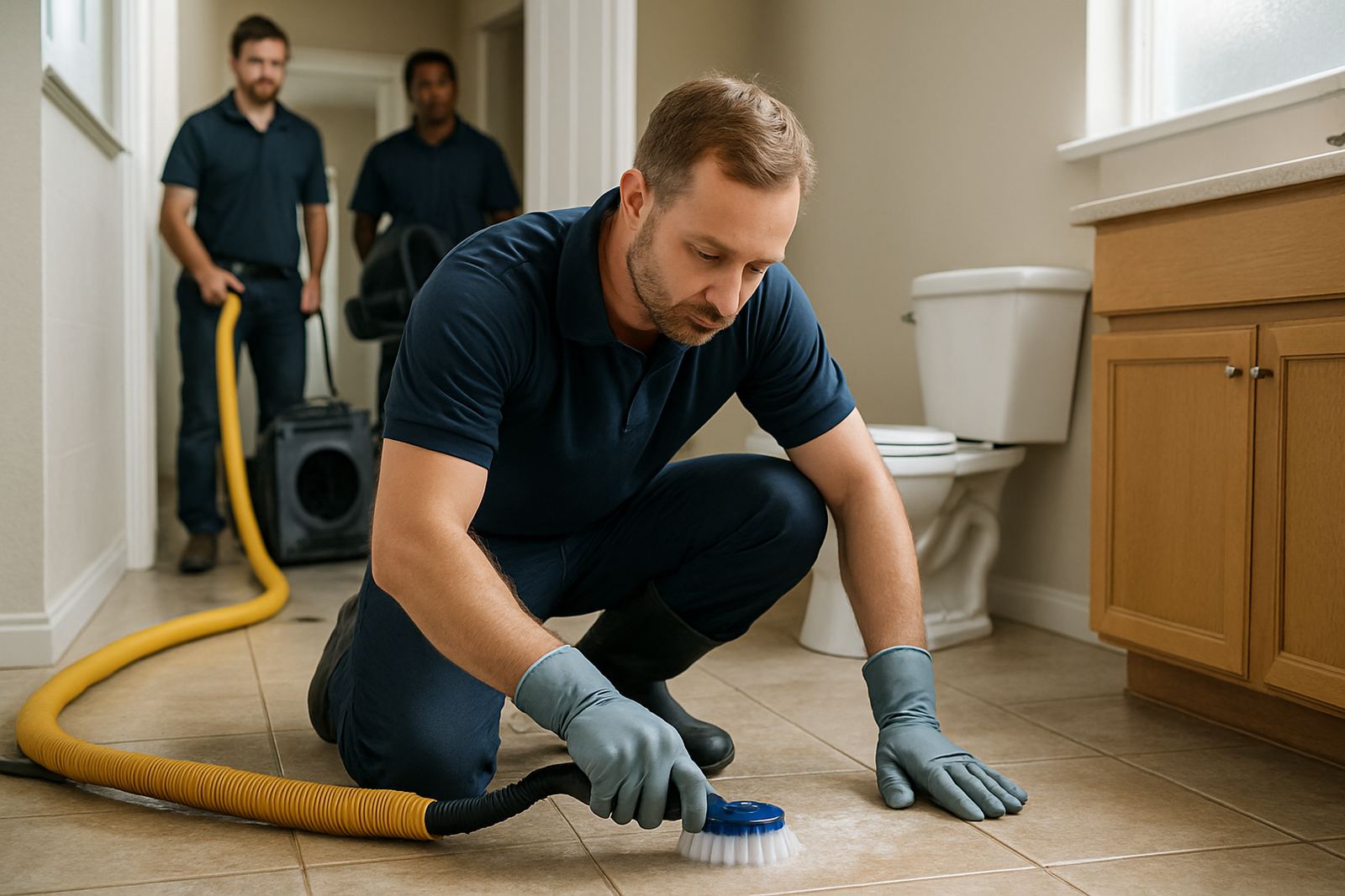 Technician in protective gear during a sewage cleanup after a backup in a Dallas-Fort Worth home