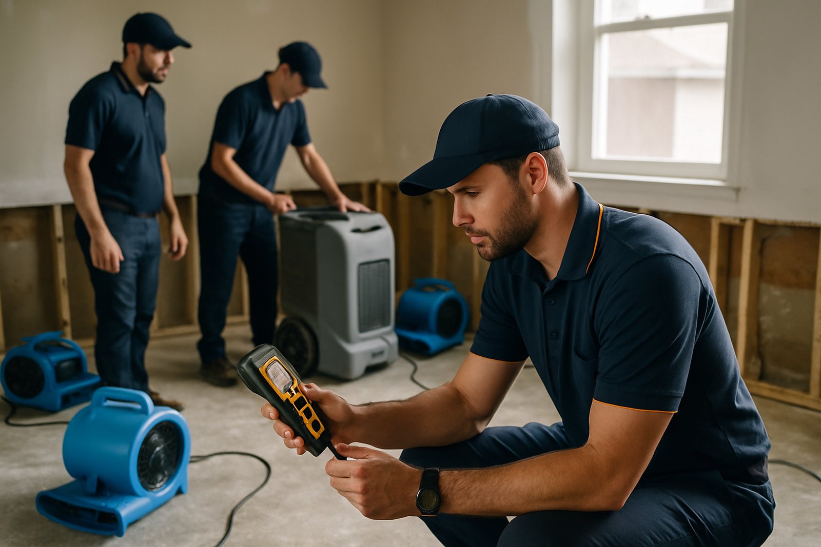 Air movers and a dehumidifier set up for structural drying in a water damaged Dallas-Fort Worth room