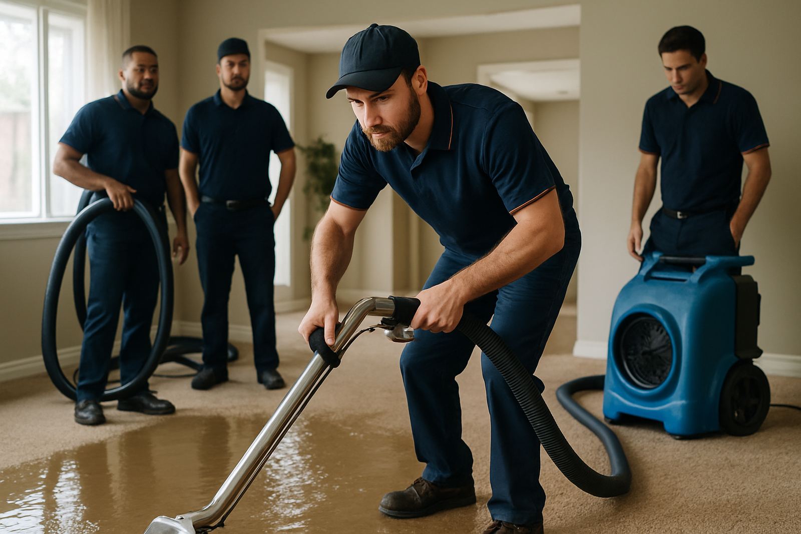 Technician running a water extraction wand over wet carpet in a Dallas-Fort Worth home